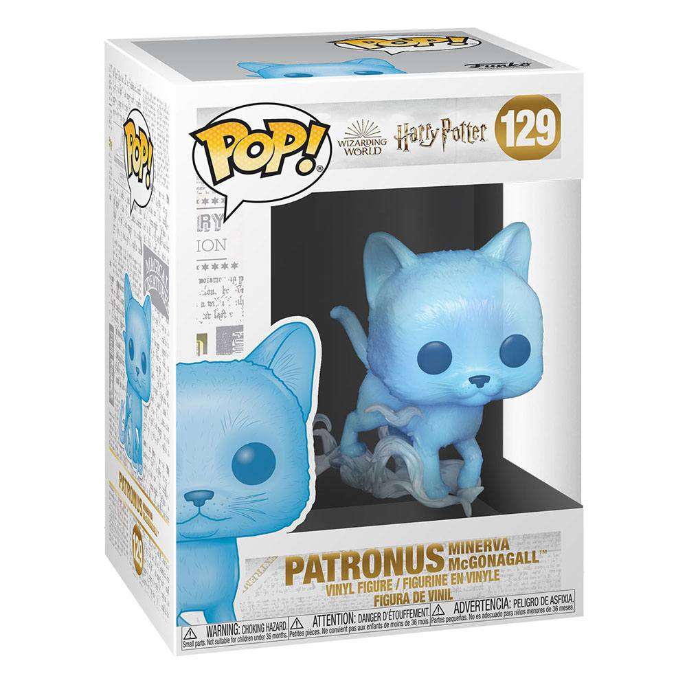 Minerva McGonagall Patronus Funko Pop #129 in its original display box, featuring a translucent blue cat figure.