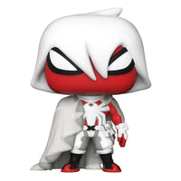 Front view of Arachknight Funko Pop vinyl figure featuring a white hooded cape, red mask, and white spider emblem.