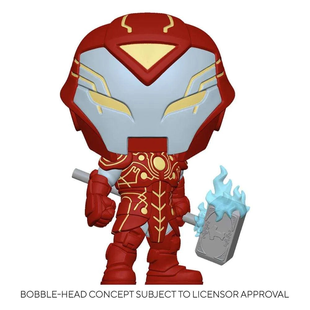 Front view of Iron Hammer Funko Pop! vinyl figure in red and gold armor holding a glowing blue Mjolnir hammer.