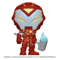 Front view of Iron Hammer Funko Pop! vinyl figure in red and gold armor holding a glowing blue Mjolnir hammer.
