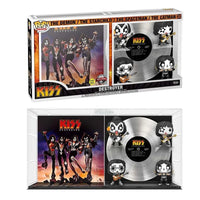 Funko KISS Destroyer POP! Albums 4-pack featuring vinyl figures and a silver record in a display case.