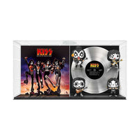 Funko KISS Destroyer POP! Albums 4-pack featuring vinyl figures and a silver record in a clear display case.
