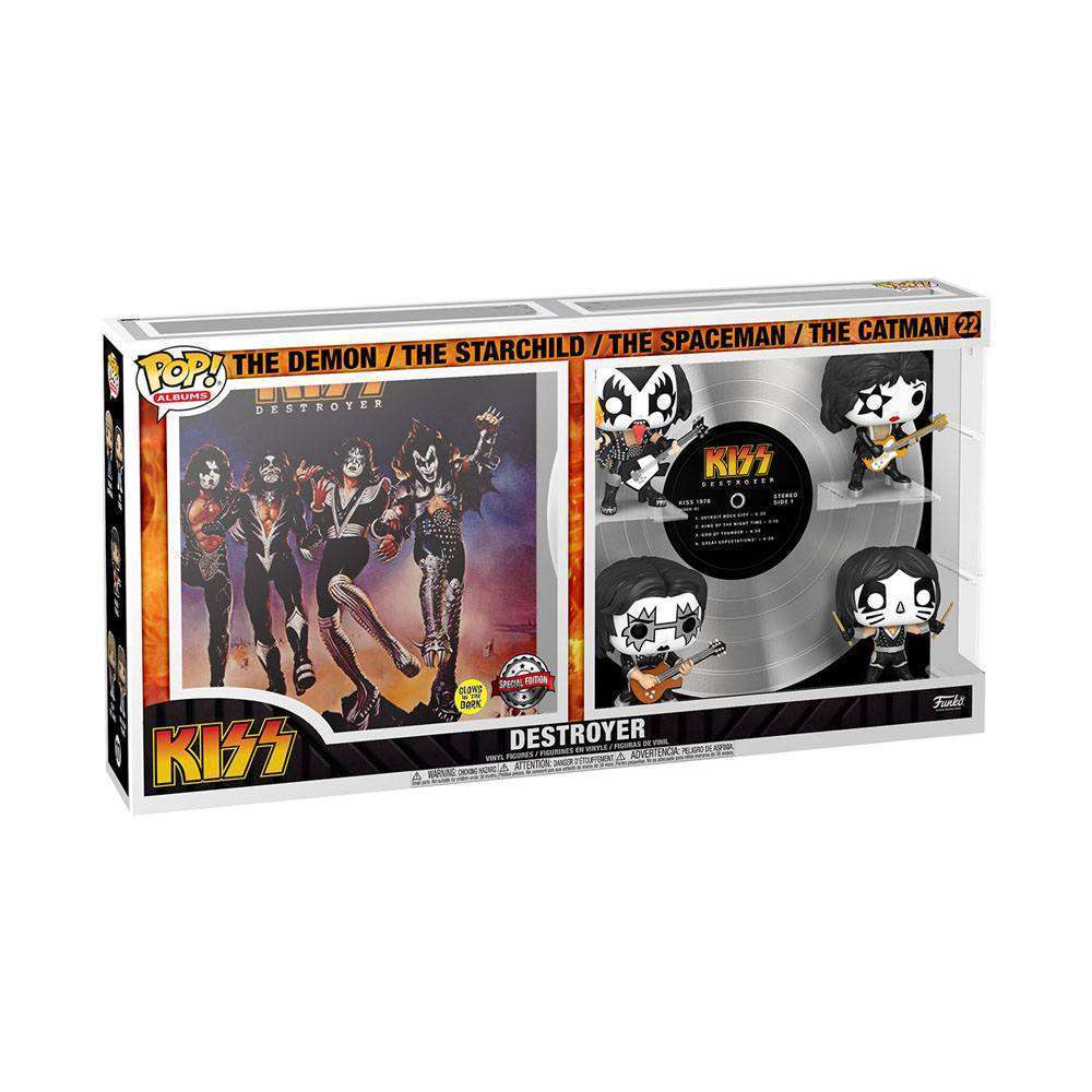 Funko KISS POP! Albums Destroyer 4-pack featuring glow-in-the-dark vinyl figures and a replica album cover in a box.