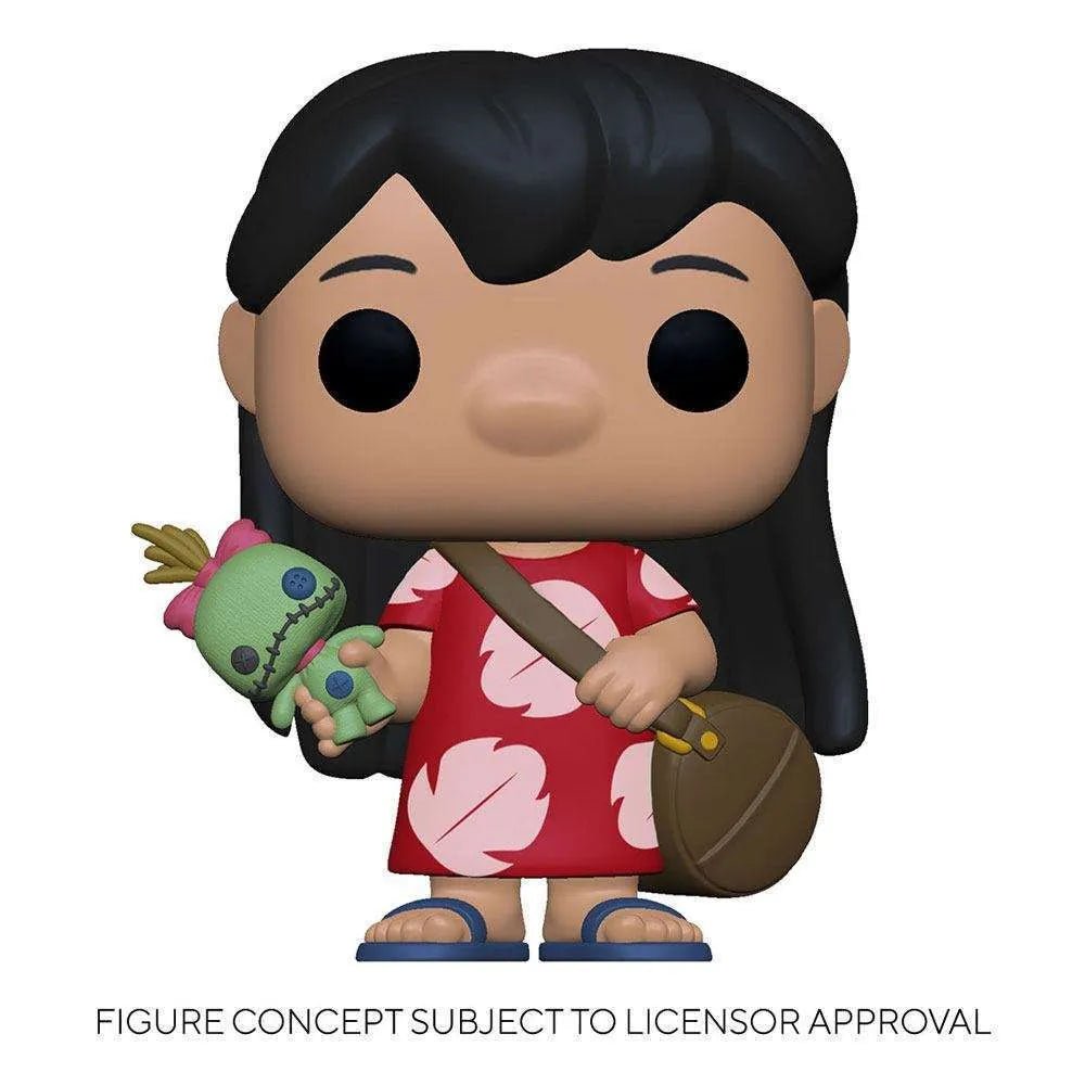 Funko Pop Lilo with Scrump vinyl figure wearing a red floral dress and carrying a brown bag, front view.