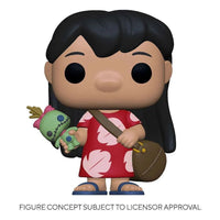 Funko Pop Lilo with Scrump vinyl figure wearing a red floral dress and carrying a brown bag, front view.