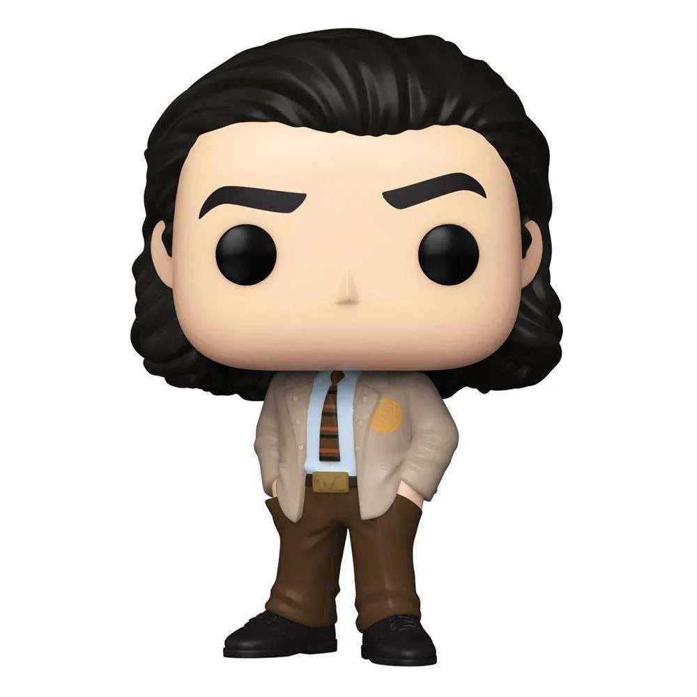 Front view of Loki Funko Pop! vinyl figure wearing a beige jacket, brown trousers, and a tie against a white background.
