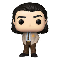 Front view of Loki Funko Pop! vinyl figure wearing a beige jacket, brown trousers, and a tie against a white background.