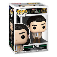 Loki Funko Pop! vinyl figure in a branded display box, featuring the character in a tan suit and tie.