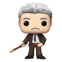 Mobius Funko Pop figure with white hair, brown suit, and tie, holding a baton, shown from the front.
