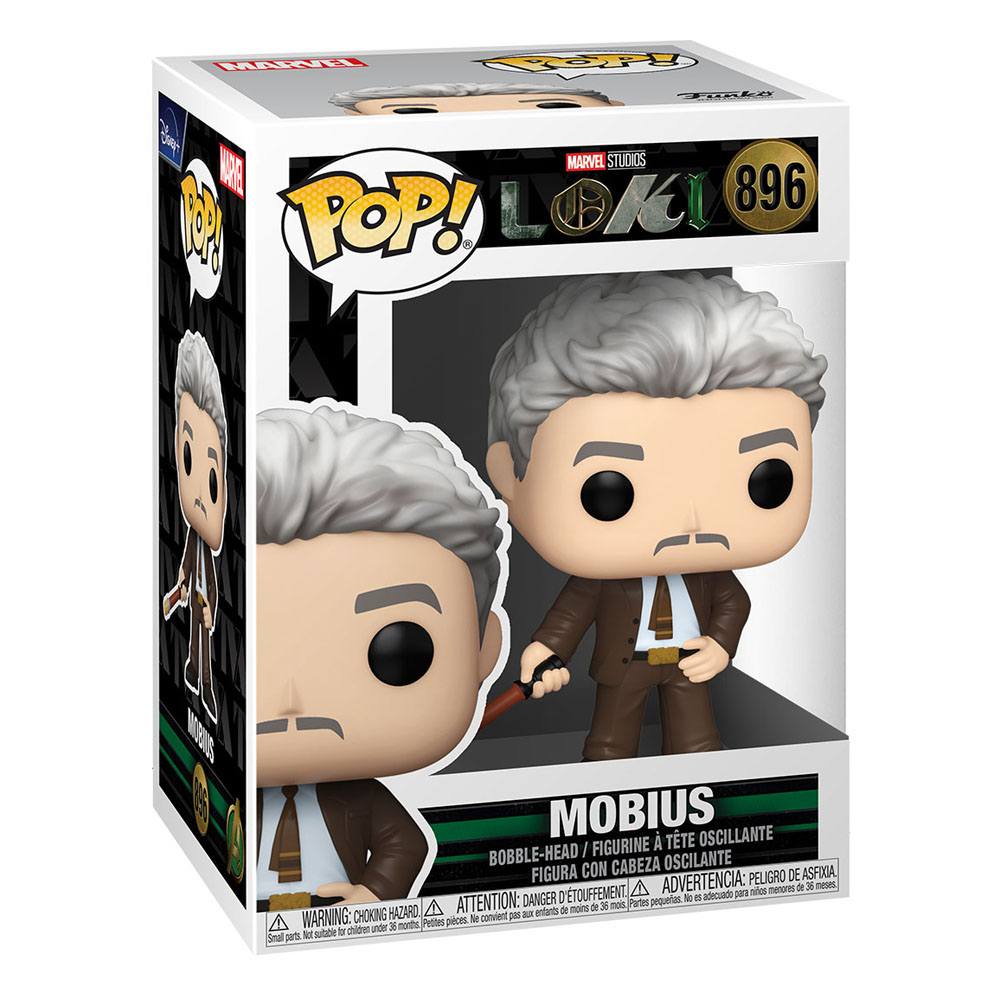 Funko Pop Mobius vinyl figure from Loki in its original window display box, showing front and side views.