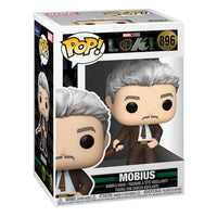 Funko Pop Mobius vinyl figure from Loki in its original window display box, showing front and side views.