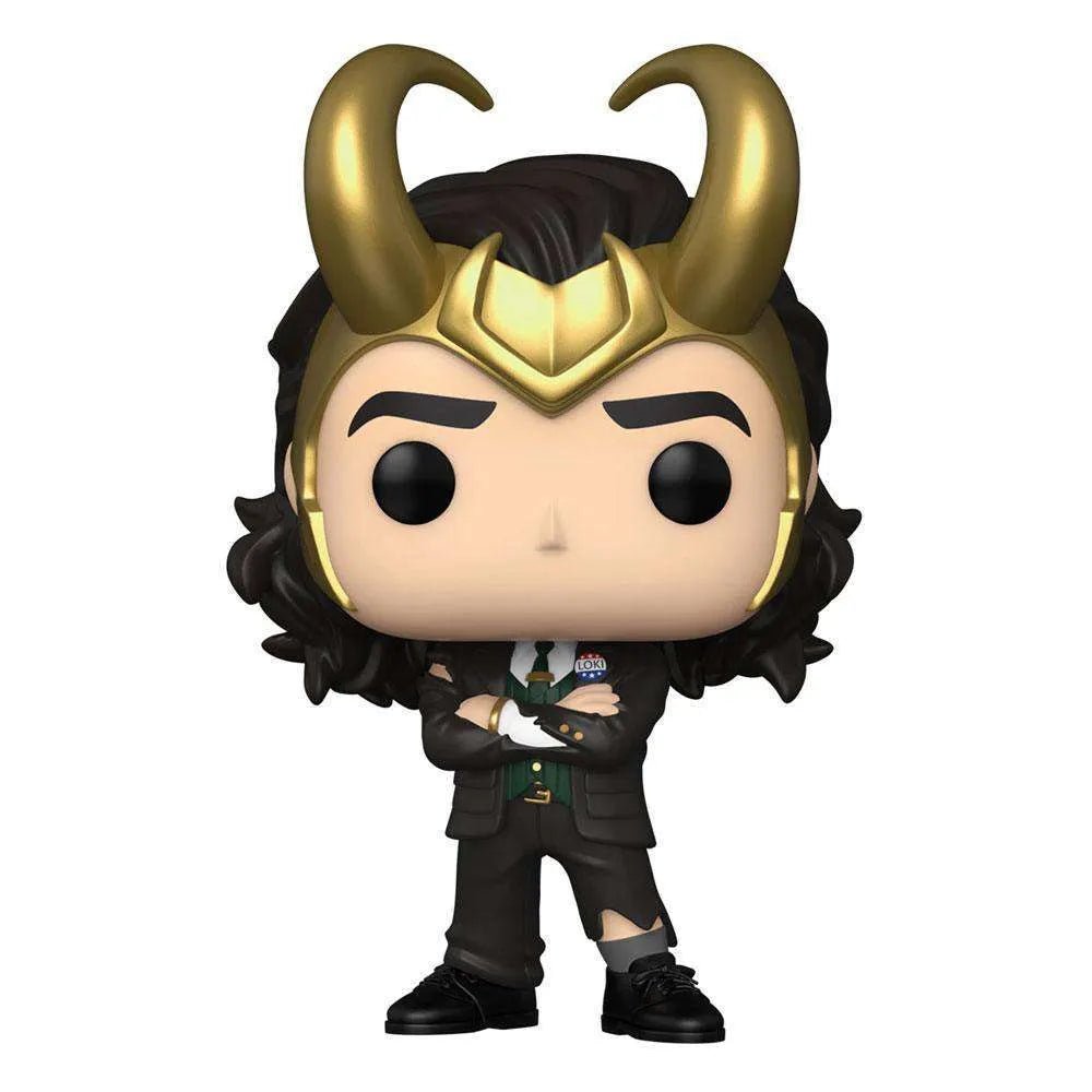 President Loki Funko Pop vinyl figure with gold horns, black suit, and Loki campaign pin, front view.