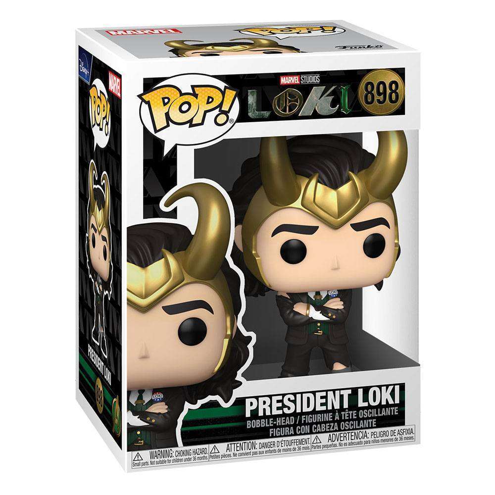 President Loki Funko Pop vinyl figure in its original window display box, showing the character with gold horns.