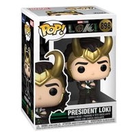 President Loki Funko Pop vinyl figure in its original window display box, showing the character with gold horns.