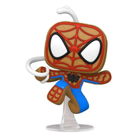 Funko Marvel Holiday Spider-Man Gingerbread Man figure in a dynamic pose with red icing web details on a clear stand.