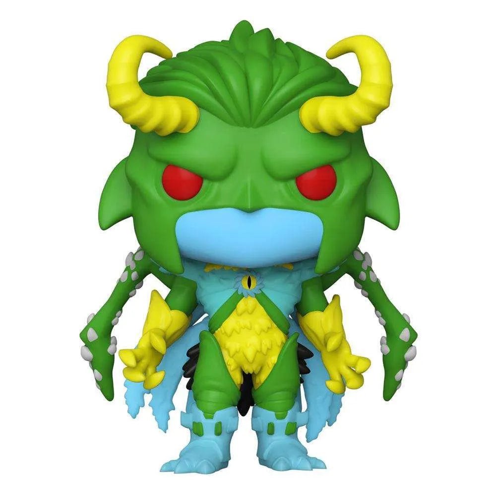 Front view of Funko Marvel Mech Strike Loki Monster Hunters vinyl figure with green skin, yellow horns, and red eyes.