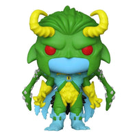 Front view of Funko Marvel Mech Strike Loki Monster Hunters vinyl figure with green skin, yellow horns, and red eyes.