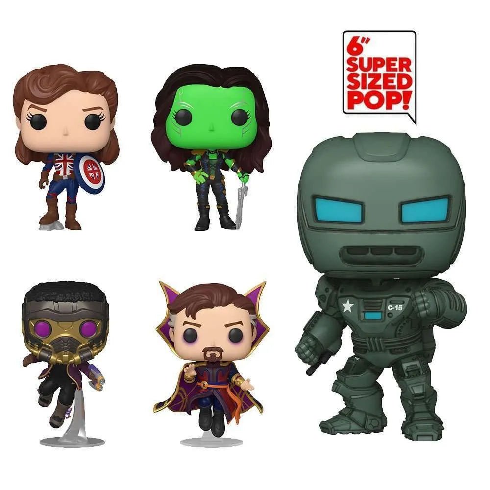 Funko Marvel What If…? Pop! vinyl figure bundle featuring five characters, including a 6-inch super-sized armored figure.