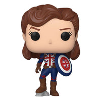 Funko Pop! Captain Carter vinyl figure from Marvel What If…? featuring a Union Jack shield and brown hair.