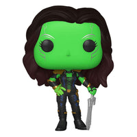 Funko Pop! Marvel What If…? Gamora vinyl figure with green skin, dark hair, and silver sword in a front view.