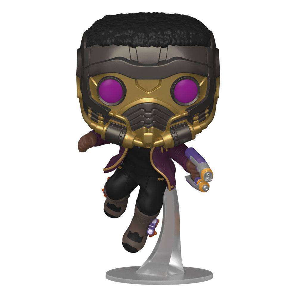 Funko Pop! Marvel What If…? T'Challa Star-Lord vinyl figure in a dynamic flying pose with purple eyes and gold mask.