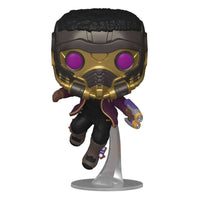 Funko Pop! Marvel What If…? T'Challa Star-Lord vinyl figure in a dynamic flying pose with purple eyes and gold mask.