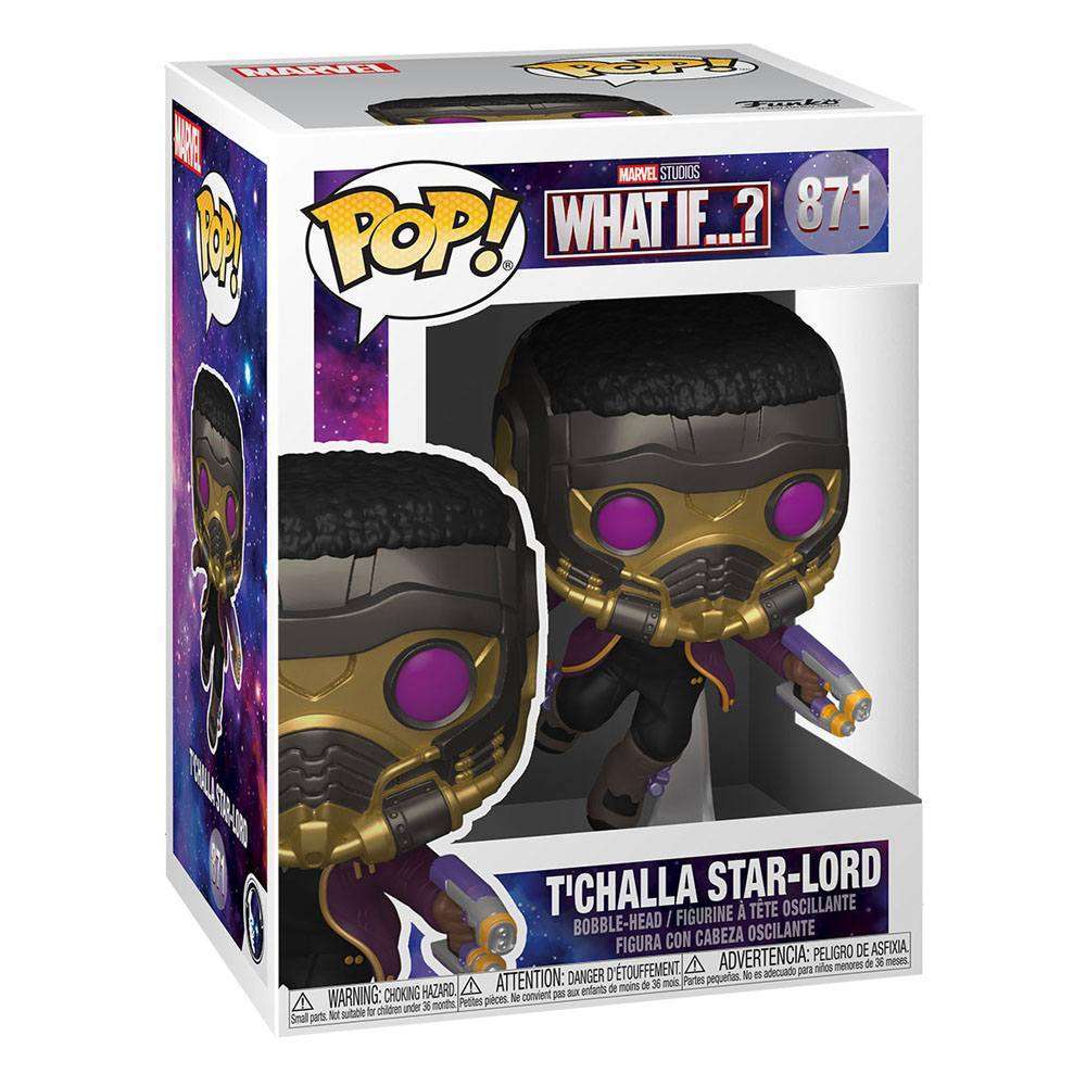 Metallic T’Challa Star-Lord Funko Pop vinyl figure in its What If…? branded display box, front and side view.