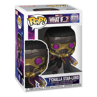 Metallic T’Challa Star-Lord Funko Pop vinyl figure in its What If…? branded display box, front and side view.