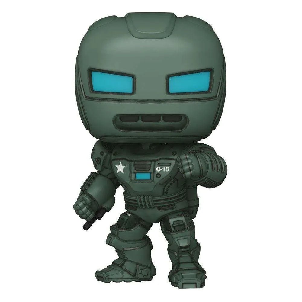 Front view of The Hydra Stomper Funko Pop vinyl figure in olive green armor with bright blue eyes and chest details.