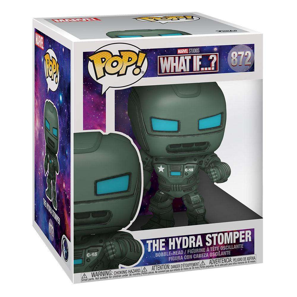 Funko Pop! The Hydra Stomper vinyl figure in its Marvel What If…? branded display box, showing front and side views.