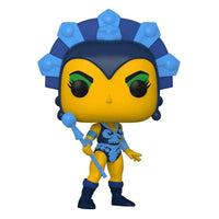 Front view of the yellow Evil-Lyn Funko Pop vinyl figure wearing a blue headdress and holding a matching staff.