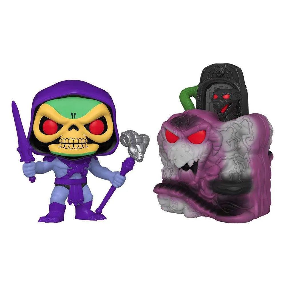 Funko Pop Town Skeletor figure holding a sword and staff next to a purple and grey Snake Mountain vinyl playset.
