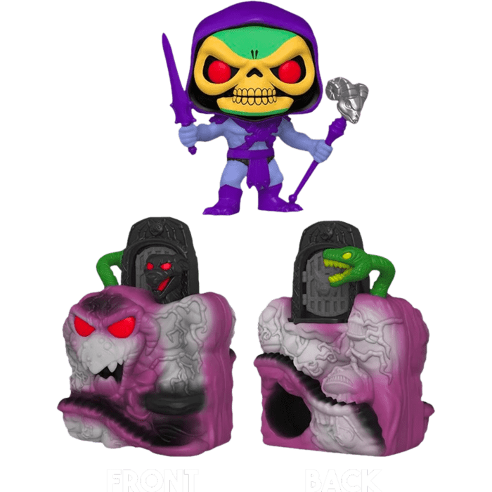 Skeletor Funko Pop figure with sword and staff above front and back views of the detailed Snake Mountain vinyl base.