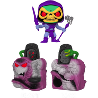 Skeletor Funko Pop figure with sword and staff above front and back views of the detailed Snake Mountain vinyl base.