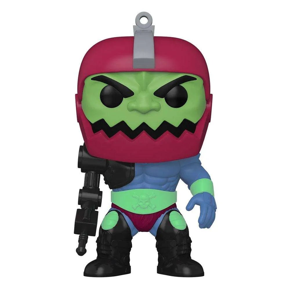 Front view of a 10-inch Funko Pop Trapjaw figure with a red helmet, green face, and mechanical arm on a blue body.
