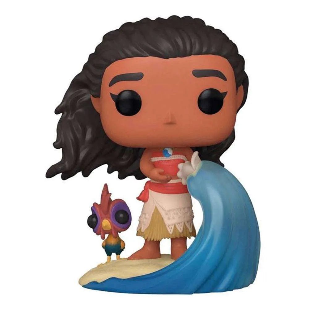 Funko Moana Ultimate Disney Princess Pop! figure with Hei Hei on a sandy base with a blue wave.