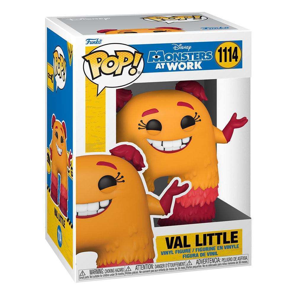 Funko Monsters at Work Val Little POP vinyl figure in its original branded display box, front and side view.