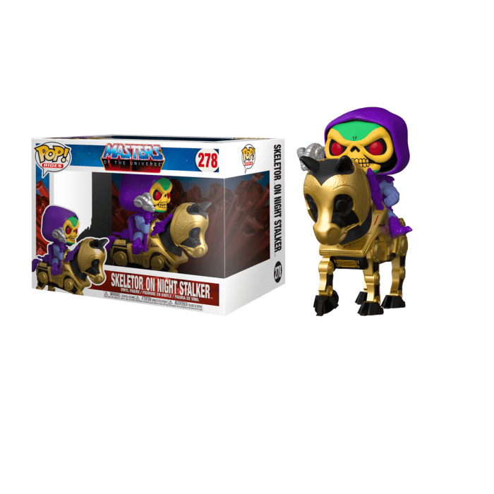 Funko Pop! Rides Skeletor on Night Stalker #278 figure with gold mechanical horse and its branded display box.
