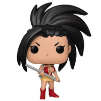 Front view of a 9cm Funko My Hero Academia Momo Yaoyorozu POP figure holding a staff in her hero costume.