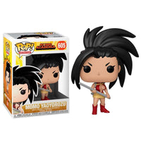 Funko My Hero Academia Momo Yaoyorozu POP figure with black hair, red hero suit, and staff next to its display box.