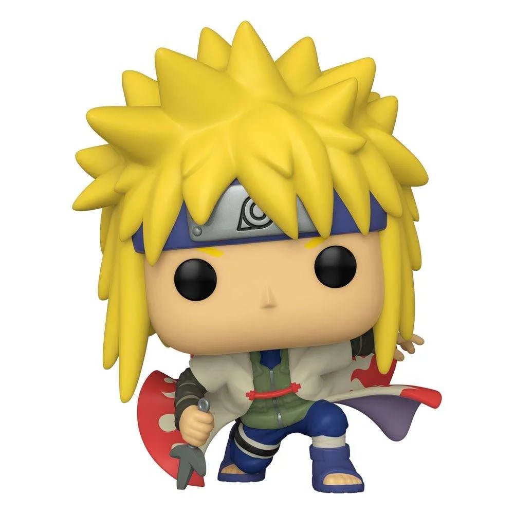 Front view of a 9 cm Minato Namikaze Funko POP! vinyl figure with spiky yellow hair and a blue ninja headband.