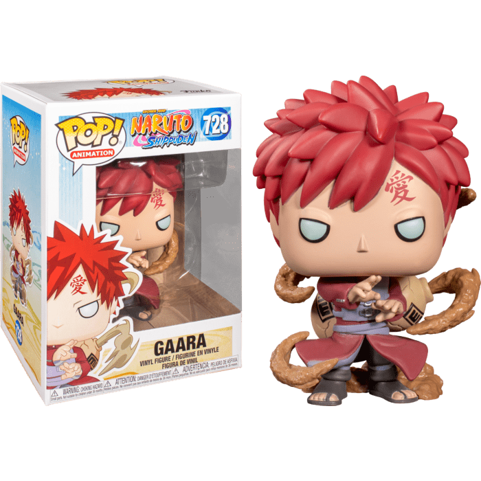 Gaara Funko Pop! vinyl figure with red hair and sand effects, shown with its branded Naruto Shippuden display box.