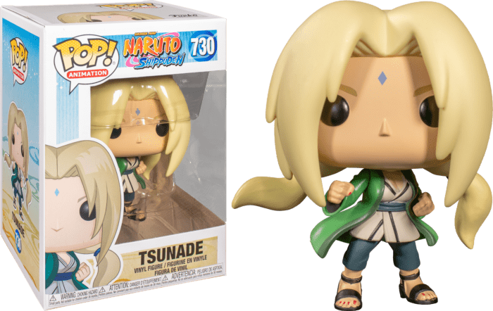 Lady Tsunade Funko Pop vinyl figure in a green coat and blonde hair, shown next to its branded Naruto Shippuden box.