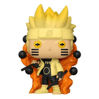 Front view of Naruto Six Path Sage Mode Funko Pop vinyl figure with spiky yellow hair and black floating orbs.