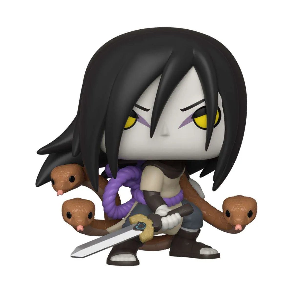 Orochimaru Funko Pop vinyl figure with long black hair, yellow eyes, and snakes emerging from behind, holding a sword.