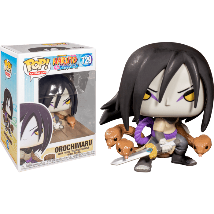 Orochimaru Funko Pop vinyl figure with snakes and sword, displayed next to its branded Naruto Shippuden packaging.