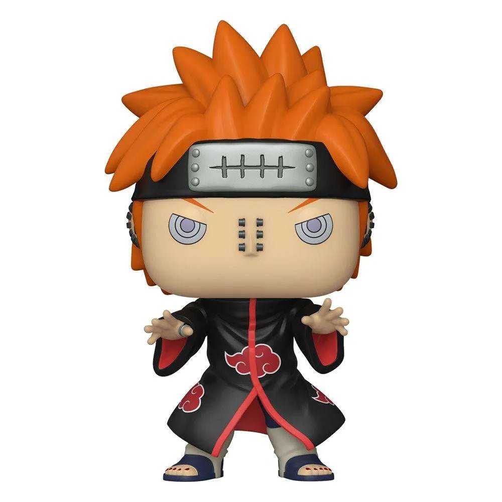 Front view of Pain Funko Pop! vinyl figure with orange hair, Rinnegan eyes, and black Akatsuki cloak on white background.