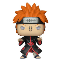 Front view of Pain Funko Pop! vinyl figure with orange hair, Rinnegan eyes, and black Akatsuki cloak on white background.