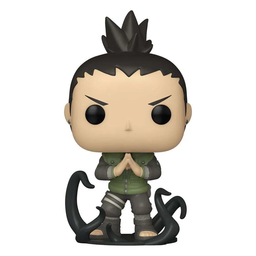 Front view of Shikamaru Nara Funko Pop vinyl figure in a green vest with black shadow jutsu base on white background.