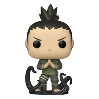 Front view of Shikamaru Nara Funko Pop vinyl figure in a green vest with black shadow jutsu base on white background.